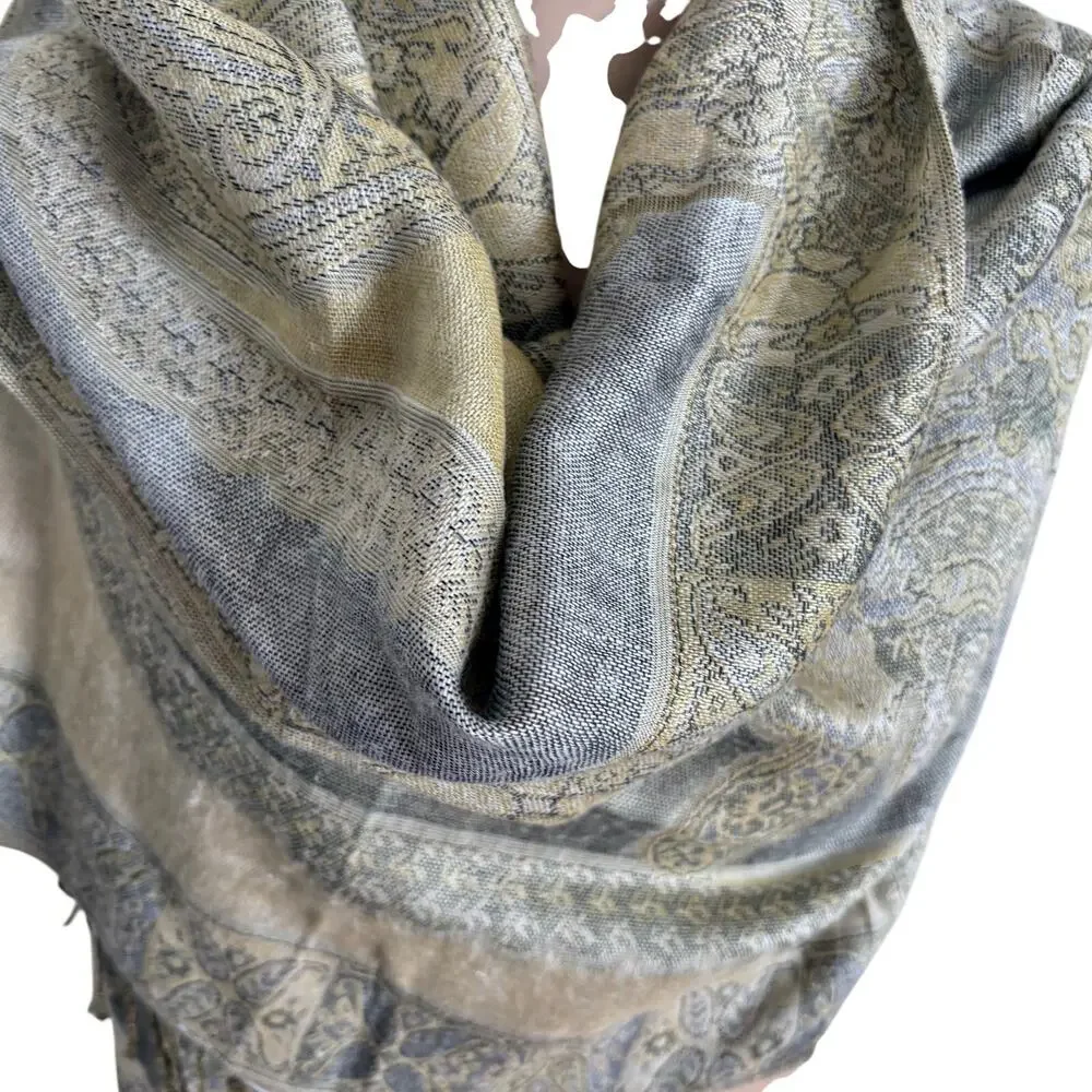 PASHMINA Silk Blend Paisley Tapestry Wrap Shawl Neutral Print Fringe Boho Hippie